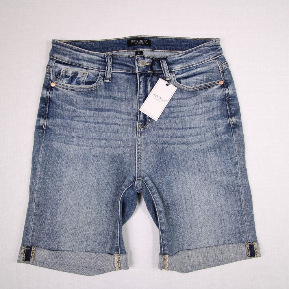 Judy Blue Denim Jean Shorts Womens Large L Cuffed Medium Wash NWT New With Tags